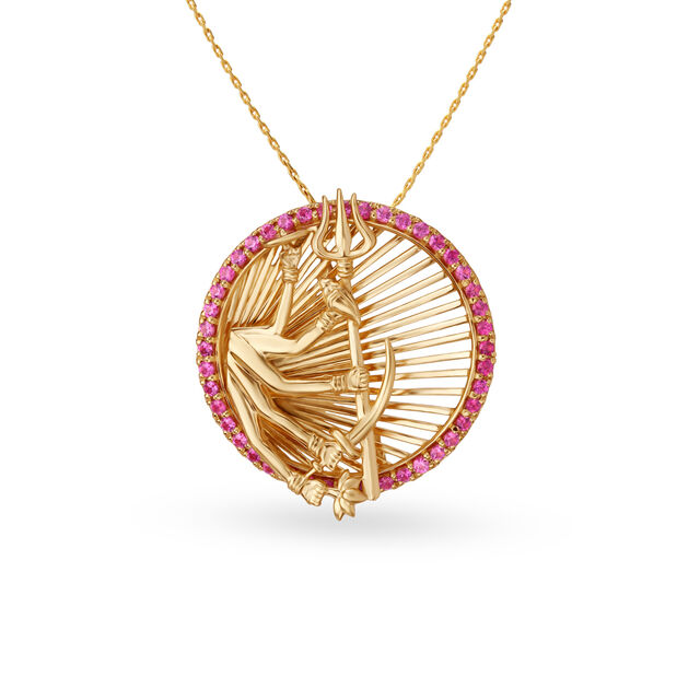 Powerful Durga Gold Pendant with Coloured Stones,,hi-res 