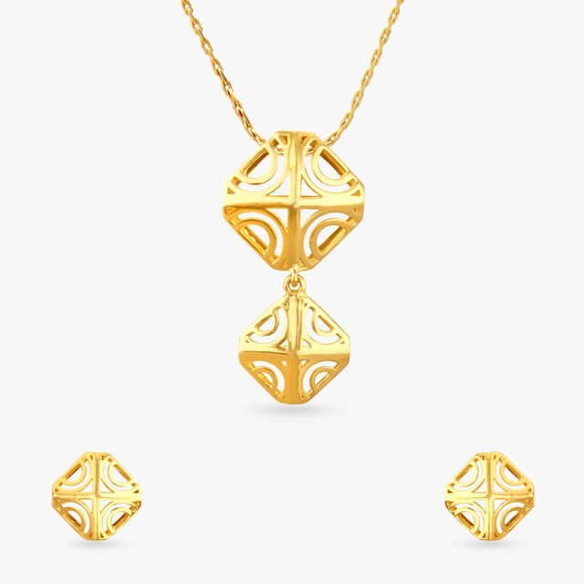 Sculpted Geometry Gold Pendant and Earrings Set 