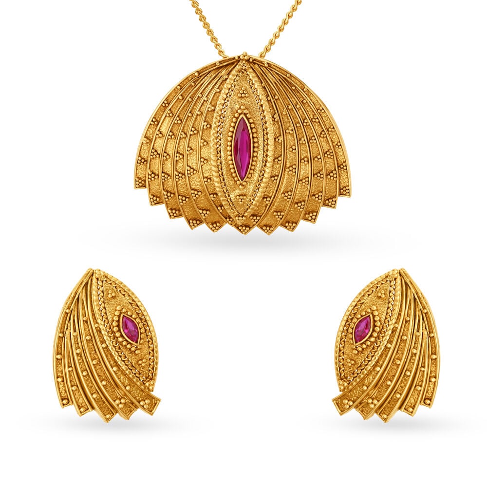 Tanishq Opulent Lotus Pendant and Earrings Set