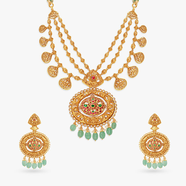 Sumptuous Layered Necklace Set with Nakashi and Kempu Work,,hi-res 
