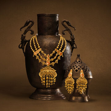 Layered Charm Necklace Set with Crimson Enamel Overlay