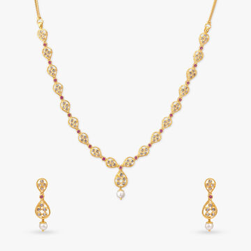Shimmer Bloom Gold open Polki Necklace Set