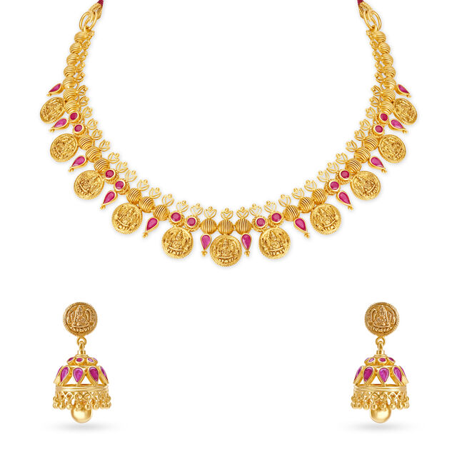 Enchanting Deity Gold Kasu Necklace Set with Rubies,,hi-res