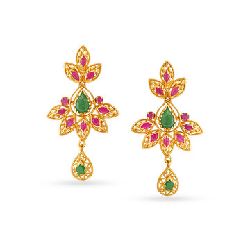 Emerald And Ruby Floral Gold Drop Earrings