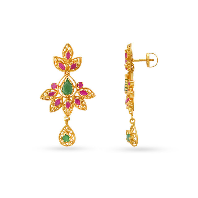 Emerald And Ruby Floral Gold Drop Earrings,,hi-res 2