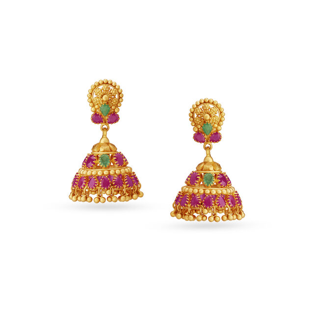 Emerald And Ruby Floral Gold Jhumka Earrings 