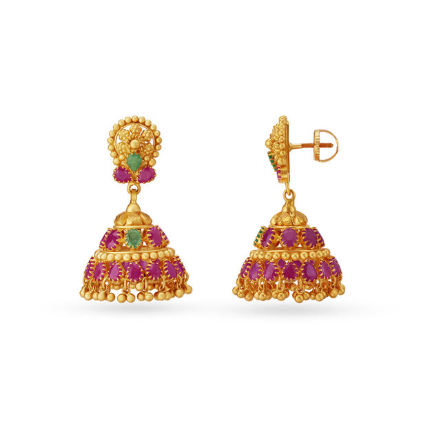 Emerald And Ruby Floral Gold Jhumka Earrings 2