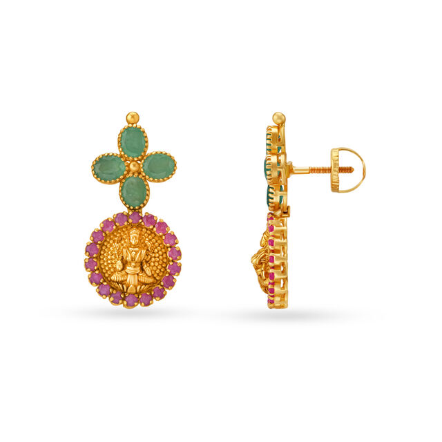 Emerald And Ruby Lakshmi Motif Gold Stud Earrings,,hi-res 2