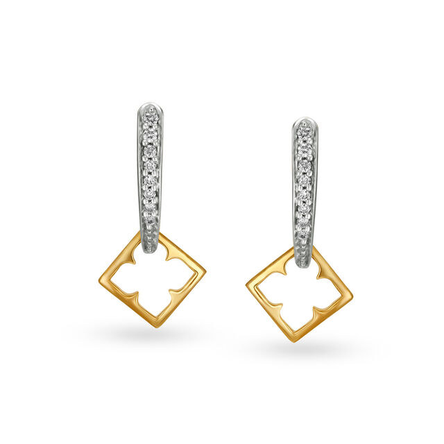 14KT Yellow Gold Diamond Drop Earrings with Square Design 