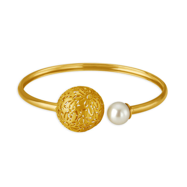 14KT Yellow Gold Oval Pearl Bangle With Floral Orb Design 