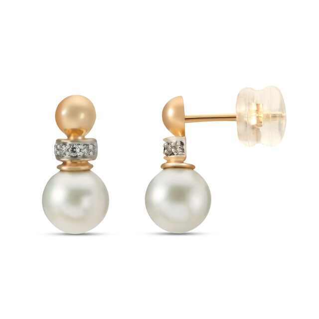 Mia All-Rounders by Tanishq 18KT Yellow Gold Diamond And Pearl Stud Earrings with Semi-Orb Design,,hi-res 2
