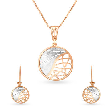 18KT White-Rose Gold Delicate Hoop Earrings & Pendant Set For Daily Wear