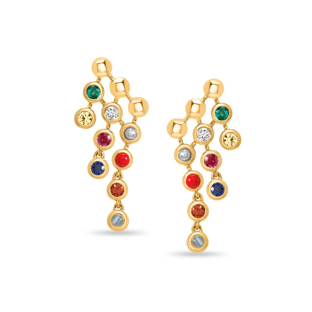 14 KT Yellow Gold Navaratna Drop Earrings 