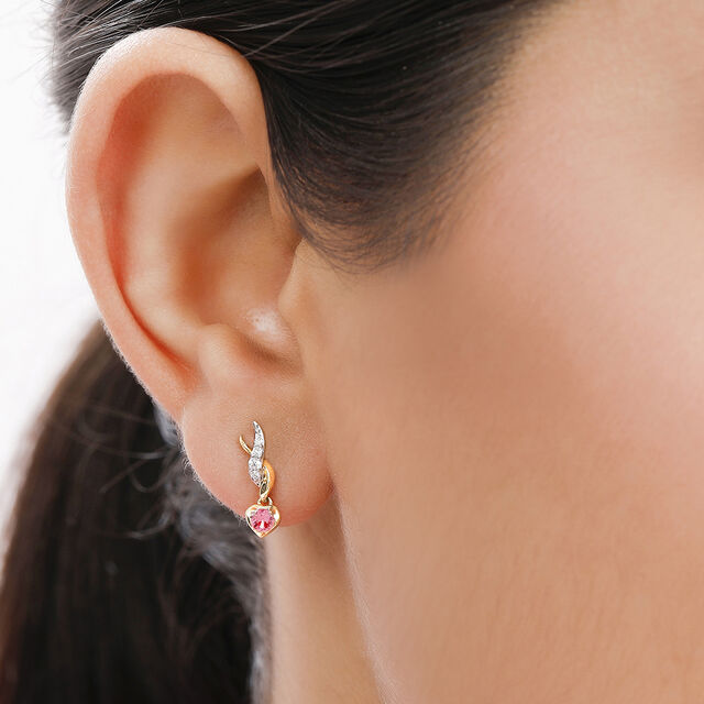 18 KT Yellow Gold Sparkling Pair Diamond and Pink Sapphire Drop Earrings,,hi-res 3