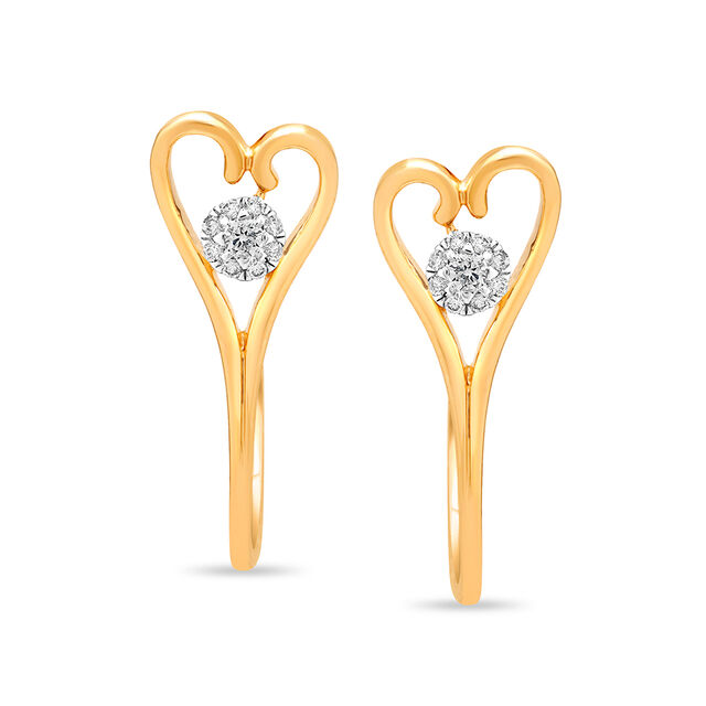 18 KT Yellow Gold Gleaming Heart Diamond Hoop Earrings