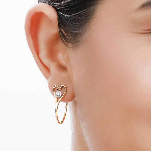 18 KT Yellow Gold Gleaming Heart Diamond Hoop Earrings