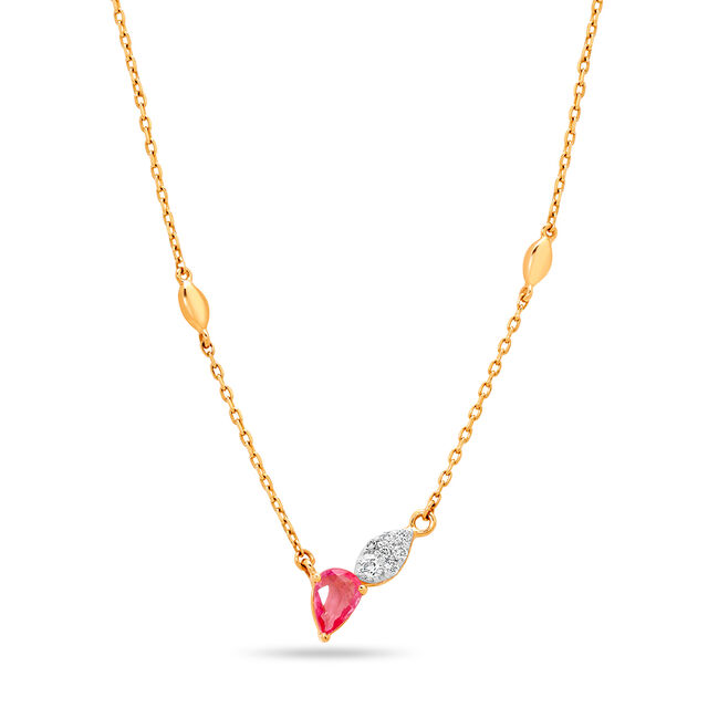 14 KT Yellow Gold Romantic Drops Pink Sapphire and Diamond Necklace