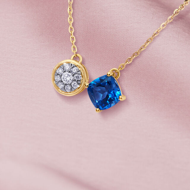 14 KT Yellow Gold Rare Pair Diamond and Blue Topaz Necklace