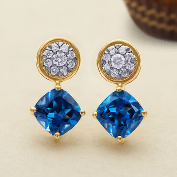 14KT Yellow Gold Rare Pair Diamond and Blue Topaz Stud Earrings