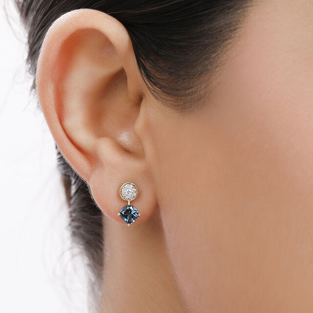 18KT Yellow Gold Rare Pair Diamond and Blue Topaz Stud Earrings,,hi-res 4
