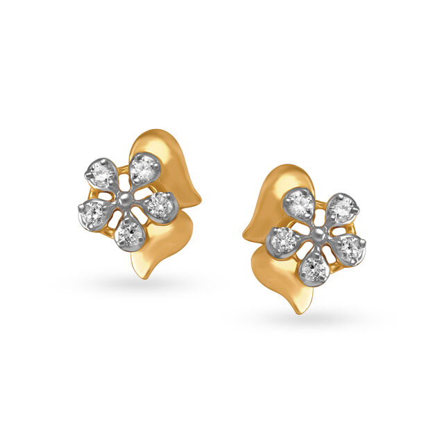 Tanishq Floral Diamond Stud Earrings in 14K Yellow Gold for Women 