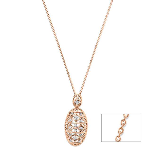 18 KTRose Gold Oval Lattice Diamond Pendant With Chain 