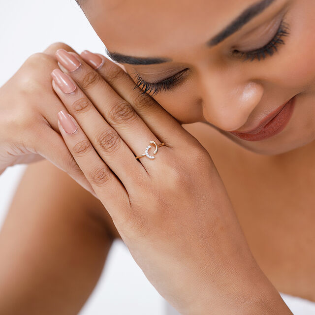 14KT Adjustable Golden Crescent Diamond Finger Ring 