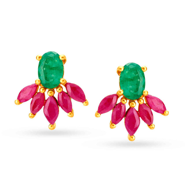 Eclectic 18 Karat Gold And Emerald Floral Stud Earrings,,hi-res image number null