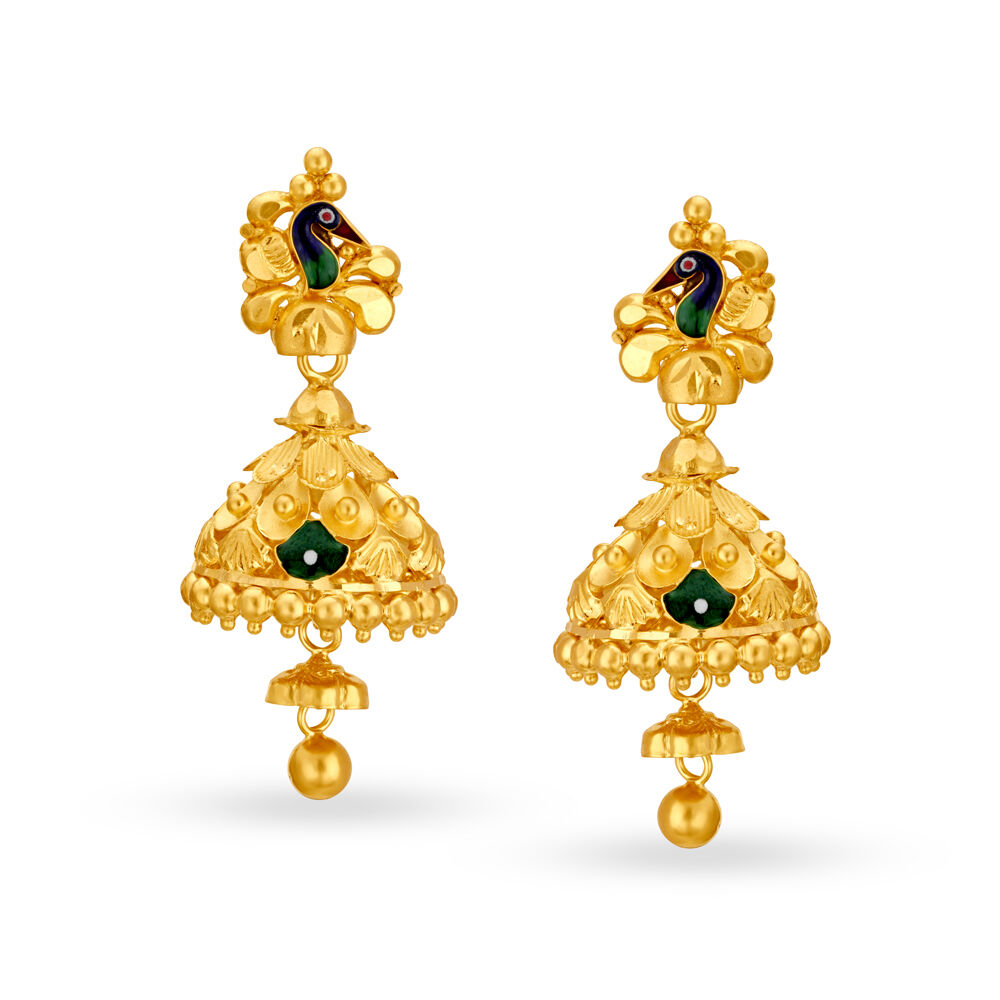 Peacock Inspired Traditional Gold Jhumka Earrings
