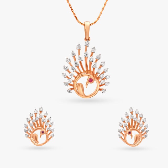 Dancing Peacock Diamond Pendant and Earrings Set