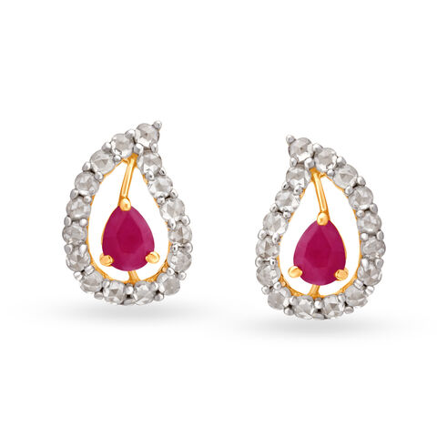 Ornate 18 Karat Yellow Gold And Ruby Paisley Studs