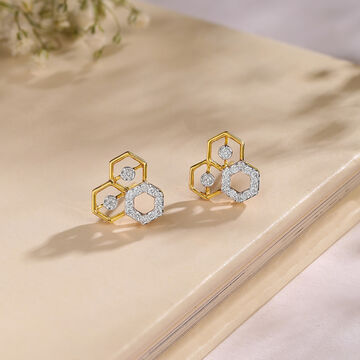 Geometric Honeycomb Gold & Diamond Stud Earrings