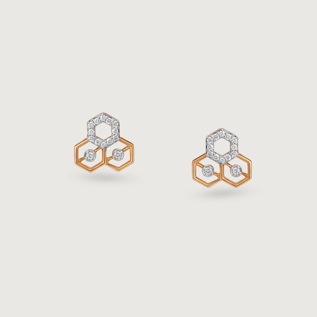 Geometric Honeycomb Gold & Diamond Stud Earrings 4