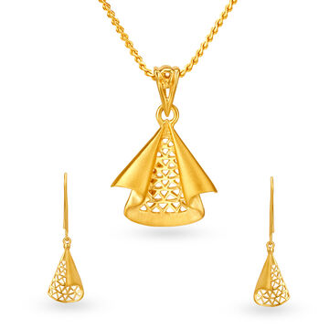 Urbane Yellow Gold Triangular Pendant and Earrings Set
