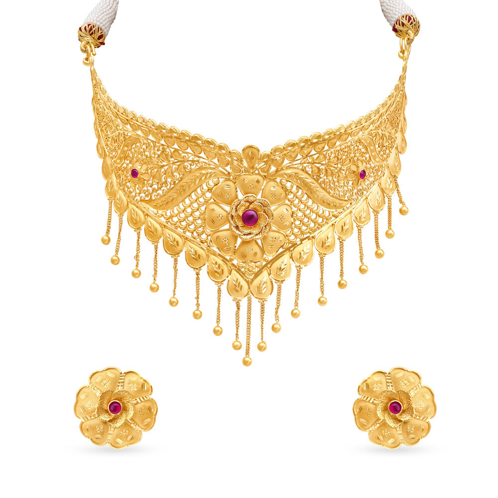 Majestic Floral Gold Choker Necklace Set