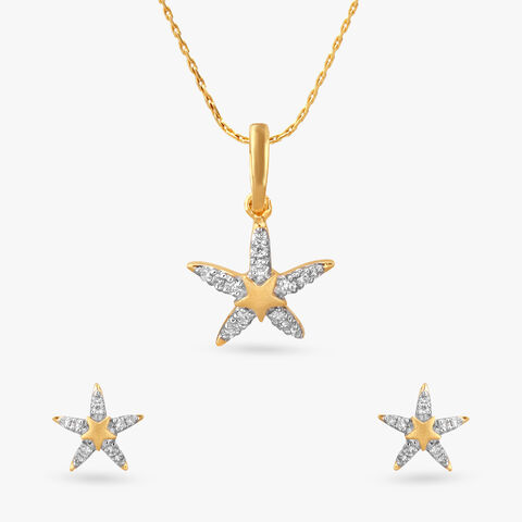 Little Starfish Diamond Pendant and Earrings Set For Kids