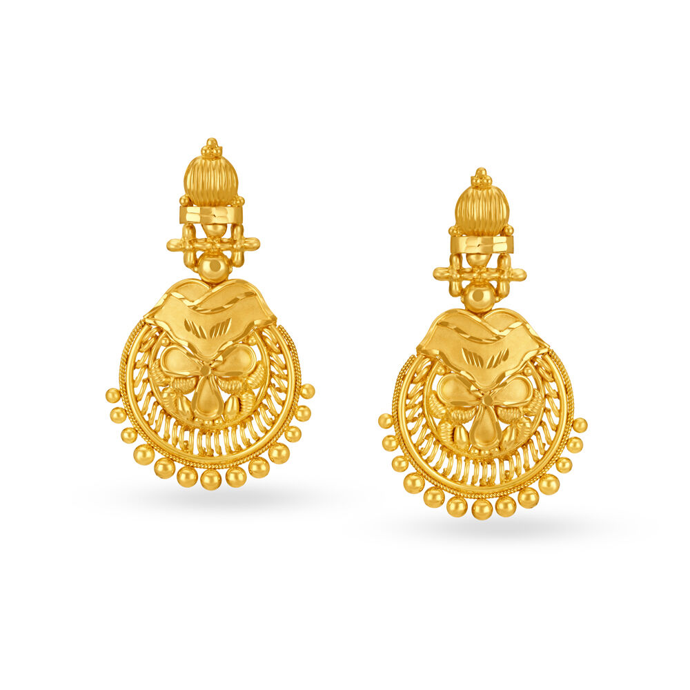 22ct Gold Diamond Cut Design Drop 'Jhoomka' Earrings with Gold Bead Dr