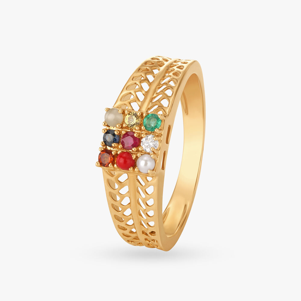 Incandescently Regal Diamond Navaratna Ring Set in 22KT Gold