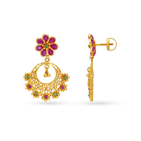 Traditional Floral Motif Gold Drop Earrings