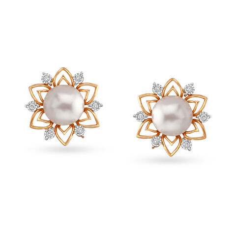 Glamorous Floral Diamond Stud Earrings with Rock Crystal