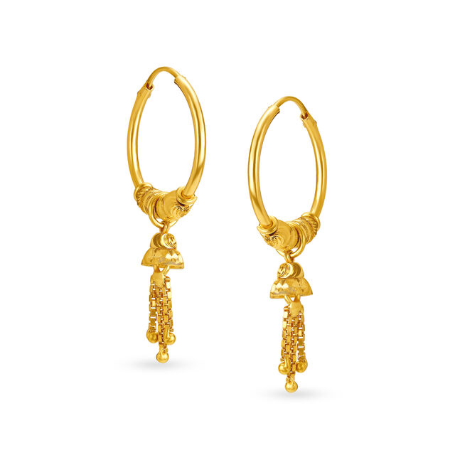 Beautiful 18 Karat Yellow Gold Tasselled Bali Style Hoop Earrings