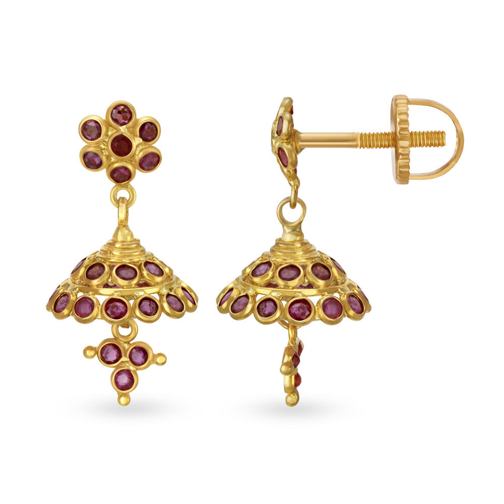 Dressy 18 Karat Yellow Gold And Ruby Jhumkas