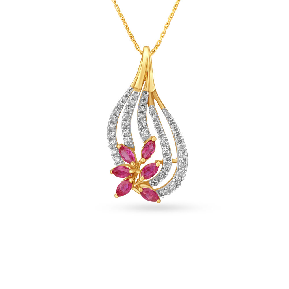 Floral Ruby and Diamond Gold Pendant and Earrings Set
