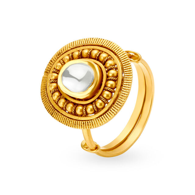 Opulent 22 Karat Yellow Gold Textured Oval Kundan Finger Ring,,hi-res image number null
