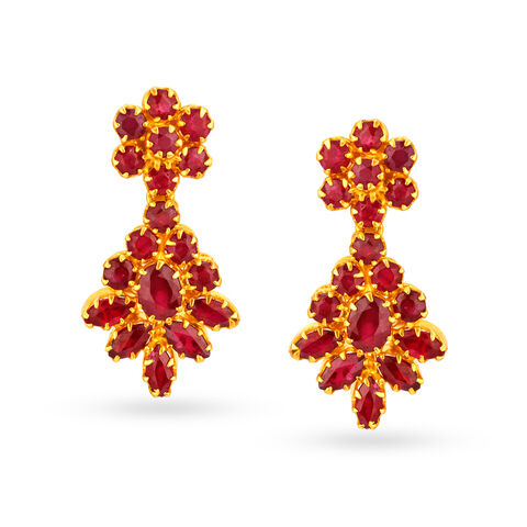 Alluring 22 Karat Gold And Ruby Floral Drop Earrings