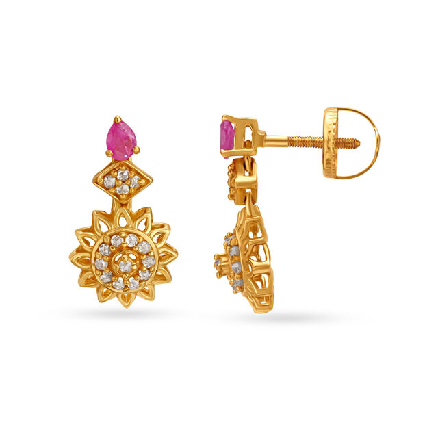 Sun Motif Ruby Studded Gold Drop Earrings,,hi-res image number null