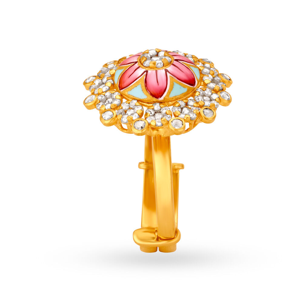 Delightful 22 Karat Yellow Gold And Polki Floral Finger Ring