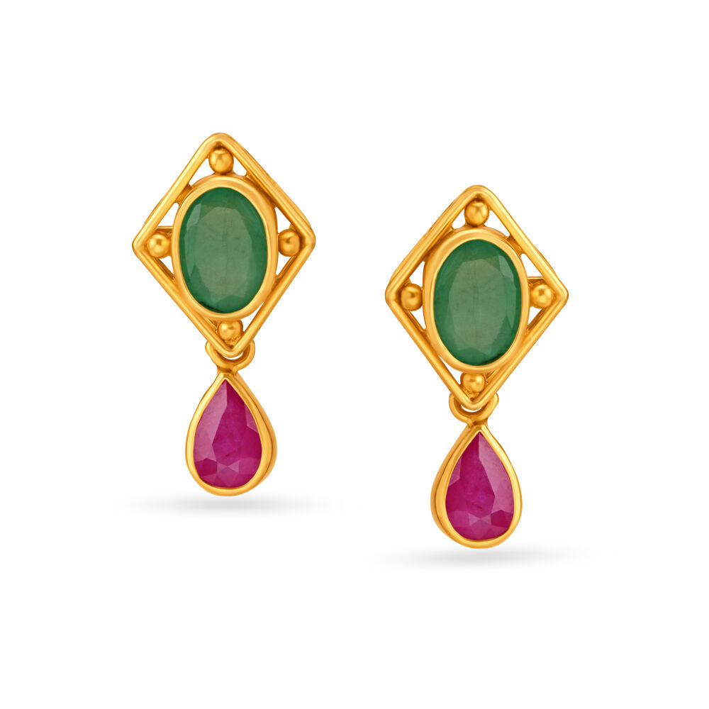 Resplendent Emerald And Ruby Gold Drop Earrings