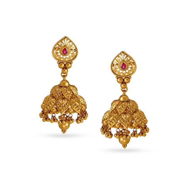 Gold Jhumka Earrings With Beads And Leave Motif