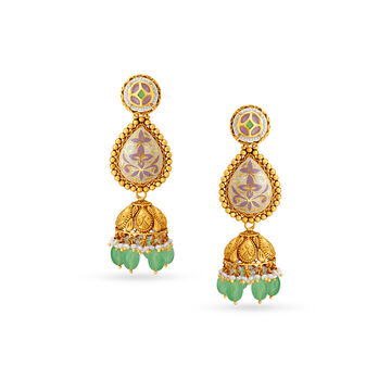 Floral Pattern Gold Jhumka Earrings With Beads